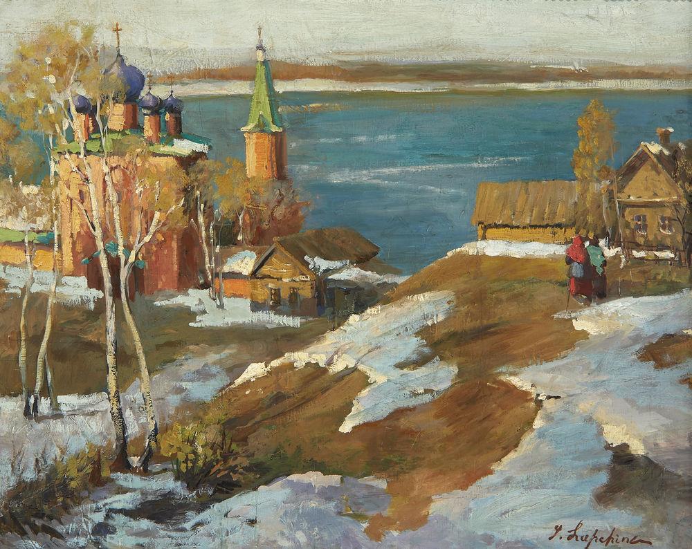 GEORGES LAPCHINE (1885-1950) SNOWY VILLAGE CHURCH